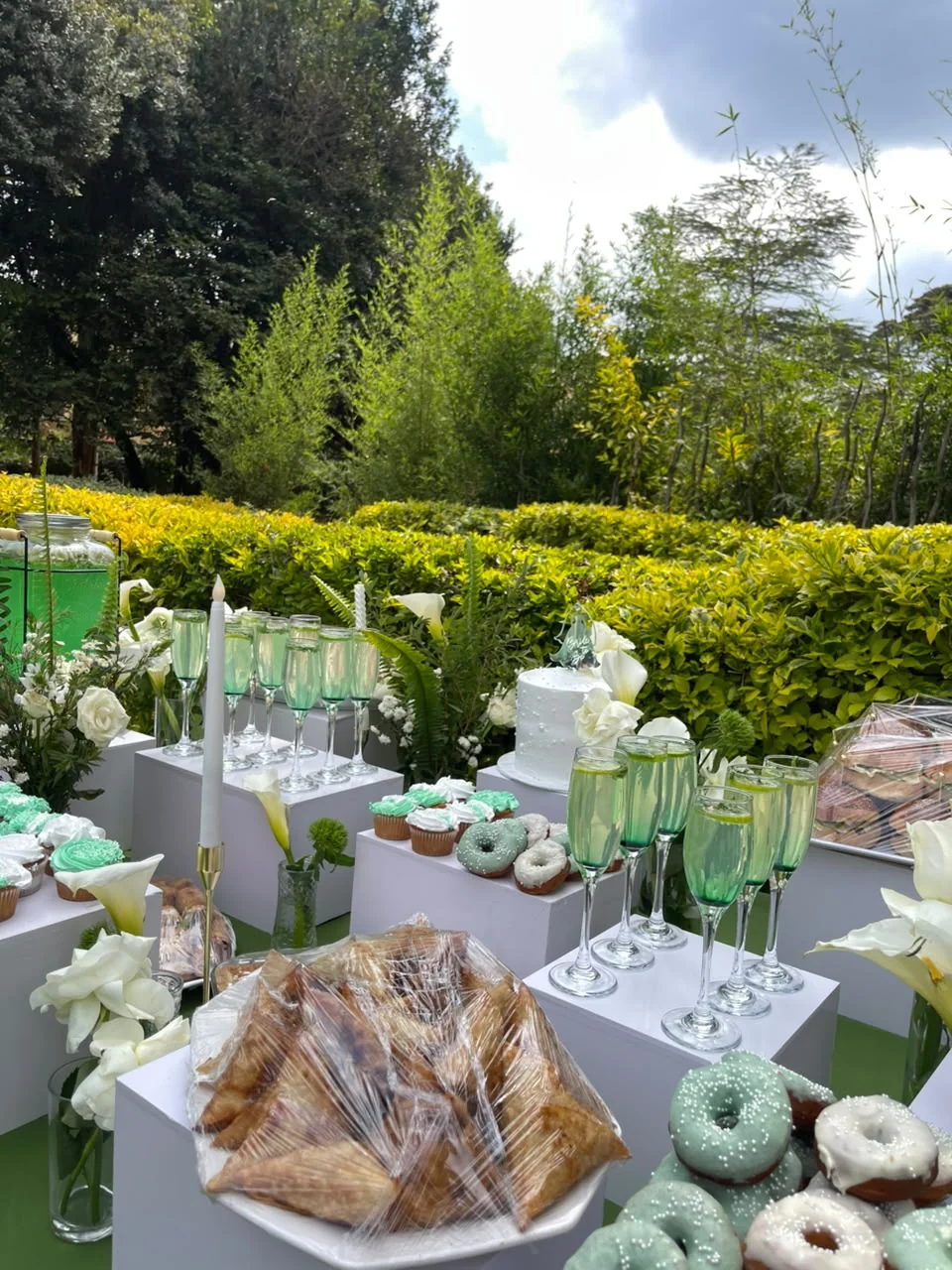 Garden celebration with cocktails and guests enjoying the outdoor venue